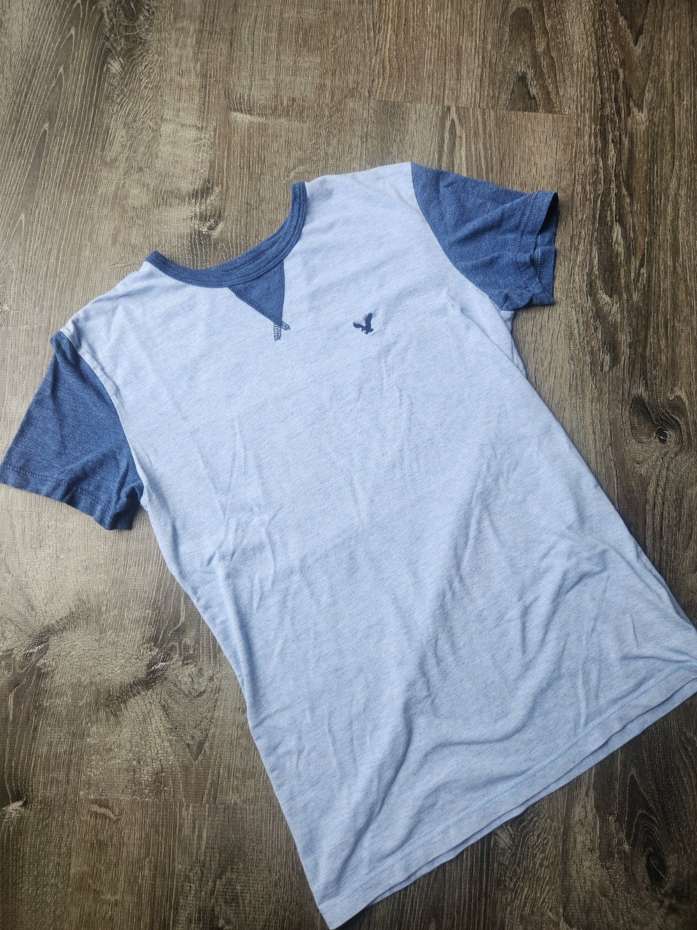 American Eagle Outfitters Light Blue Tee with Navy Raglan Detail